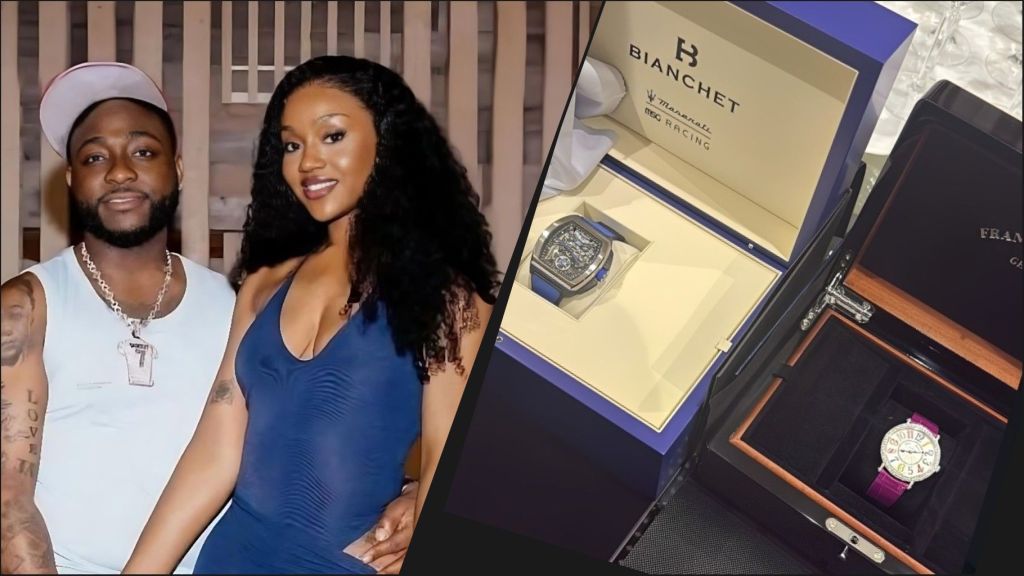 Nigerian singer Davido and his wife Chioma pose together on the left, smiling in casual outfits. On the right, two luxury watches are displayed in open boxes: a blue Bianchet Maserati MSG Racing watch and a purple Franck Muller Colour Dreams watch with diamond bezel.