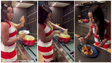 Tri-panel collage of Chioma Rowland (wife of Nigerian singer Davido) cooking in a modern kitchen while wearing a red-and-white striped halter dress—left: adding bay, rosemary, and thyme leaves to a red pot on the stove; center: stirring the contents of the pot; right: plating a finished dish of meat, sauce, and greens on a blue plate.