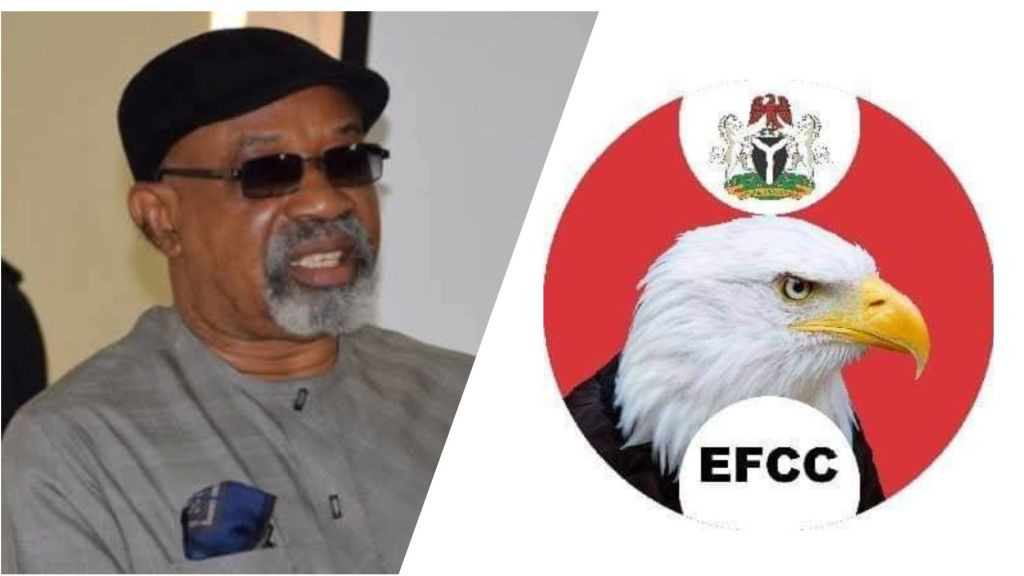 A split-image graphic featuring former Anambra State Governor Dr. Chris Ngige on the left and the EFCC logo on the right. Ngige, an elderly Igbo man with a white beard and dark sunglasses, wears a black cap and grey traditional attire while smiling slightly. The EFCC side shows a red circle with Nigeria's green-white-green flag, a white eagle emblem, and bold "EFCC" text, symbolizing the anti-corruption agency.