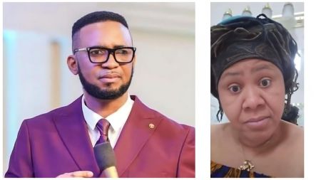 Split-image collage featuring Nigerian pastor Dr. Chris Okafor (left: wearing a maroon suit with white shirt and tie, large glasses, holding a microphone while speaking on stage against a blurred indoor background) and his ex-wife Bessem Okafor (right: wearing a dark headwrap and off-shoulder patterned top with a necklace, looking directly at the camera with a neutral expression indoors).