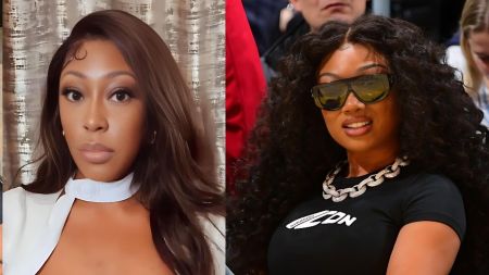 Side-by-side photos showing blogger Milagro Gramz on the left wearing a white outfit with long brown hair, and rapper Megan Thee Stallion on the right wearing sunglasses, curly hair, and a black top at an event.