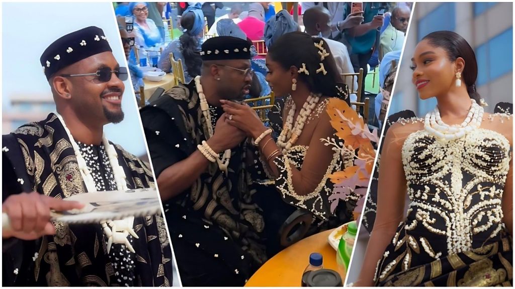 Tri-panel collage from the traditional wedding of Big Brother Naija star Cross Okonkwo—left: Cross smiling in black and gold embroidered traditional attire with beaded cap and necklace, holding a white fan; center: Cross and his bride Chinonso Arubayi in matching black and gold outfits adorned with white beads, sharing an intimate moment with hands touching at an outdoor reception; right: close-up of the bride in an elaborate black gown with intricate white beadwork and layered pearl necklaces.
