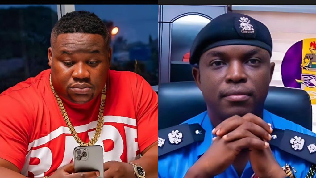 Side-by-side photos showing Cubana ChiefPriest looking down at his phone on the left, and Police spokesperson CSP Benjamin Hundeyin seated in uniform on the right.