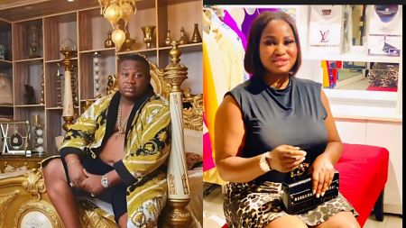 A side-by-side photo collage showing Cubana Chiefpriest seated on an ornate gold-themed bed wearing a patterned robe, and Hellen Ati sitting indoors on a red bench, holding a black purse and smiling at the camera.