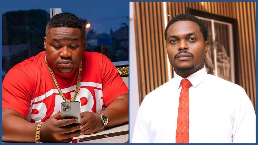 A side-by-side photo showing Nigerian socialite Cubana Chief Priest on the left and crypto entrepreneur Blord on the right. Cubana Chief Priest is wearing a red shirt and gold chains while looking at his phone. Blord is dressed in a white formal shirt with a red tie and his hands are clasped.