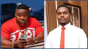 A side-by-side photo showing Nigerian socialite Cubana Chief Priest on the left and crypto entrepreneur Blord on the right. Cubana Chief Priest is wearing a red shirt and gold chains while looking at his phone. Blord is dressed in a white formal shirt with a red tie and his hands are clasped.
