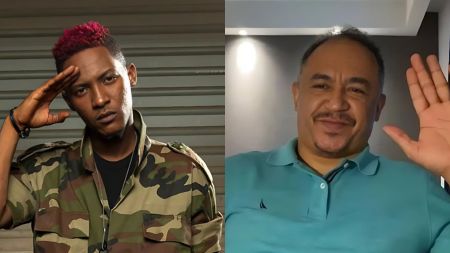Side-by-side photo of rapper Jesse Jagz saluting in a camouflage jacket and media personality Daddy Freeze smiling and waving in a teal shirt.