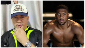 Split-image meme collage featuring Nigerian content creator Daddy Freeze (left: wearing a black jacket with neon yellow accents and a white cap with skull emblem, posing thoughtfully with hand on chin against a curtain backdrop) and British heavyweight boxer Anthony Joshua (right: shirtless and muscular with visible tattoos, staring intensely under dramatic lighting in a gym or ring setting).