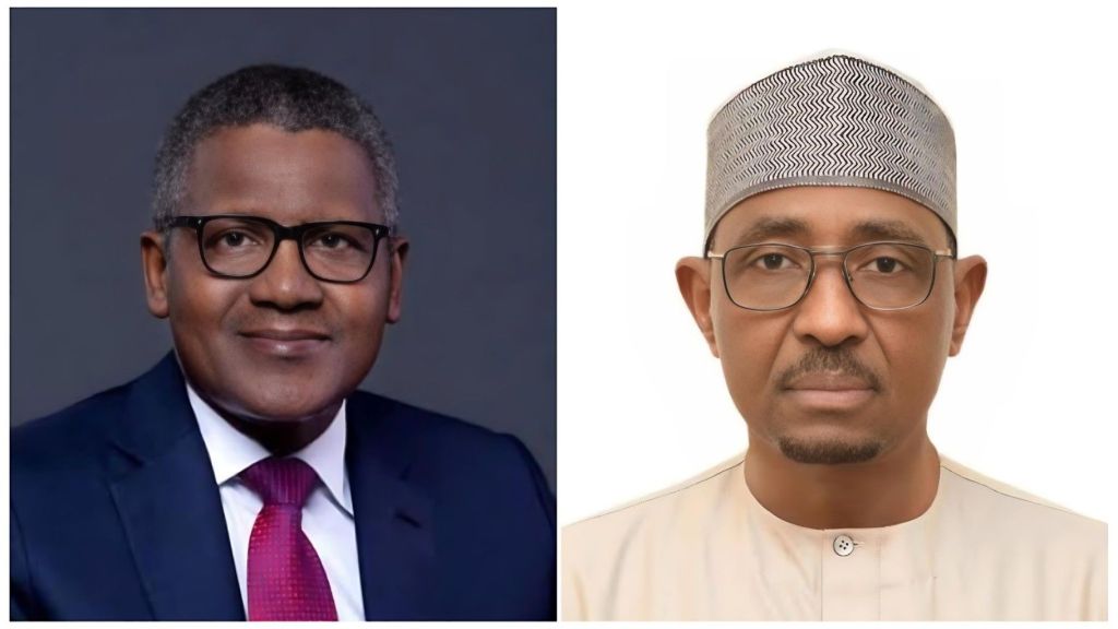 A split image featuring two prominent Nigerian figures. On the left is Aliko Dangote, a wealthy businessman, wearing a dark suit, white shirt, and a red tie, posing for a formal portrait. On the right is Farouk Ahmed, a government official, wearing a traditional light tan-colored cap and matching attire, also posing for a formal portrait.