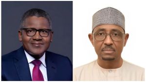 A split image featuring two prominent Nigerian figures. On the left is Aliko Dangote, a wealthy businessman, wearing a dark suit, white shirt, and a red tie, posing for a formal portrait. On the right is Farouk Ahmed, a government official, wearing a traditional light tan-colored cap and matching attire, also posing for a formal portrait.