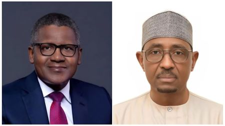 A split image featuring two prominent Nigerian figures. On the left is Aliko Dangote, a wealthy businessman, wearing a dark suit, white shirt, and a red tie, posing for a formal portrait. On the right is Farouk Ahmed, a government official, wearing a traditional light tan-colored cap and matching attire, also posing for a formal portrait.