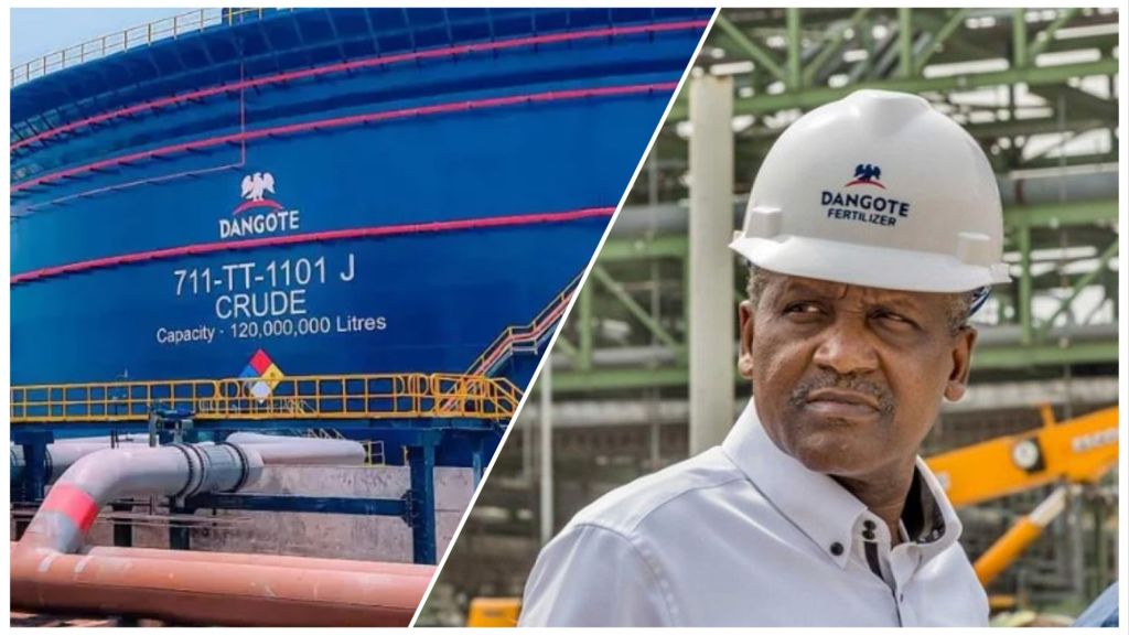 A split image showing the Dangote Refinery crude oil storage tank on the left, marked with a 120-million-litre capacity label, and Aliko Dangote on the right wearing safety gear and inspecting operations at the refinery site.