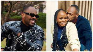 Split-image collage of Nigerian actor Daniel Etim Effiong and his wife, media entrepreneur Toyosi Etim-Effiong—left: Daniel smiling outdoors in sunglasses and a black jacket with white "Vico" script pattern; right: intimate moment with Daniel kissing Toyosi's forehead indoors, her in a cream cardigan and braided hair.