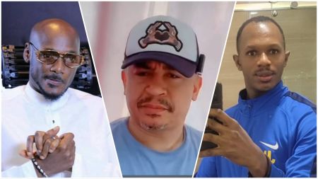 A three-panel collage showing 2Baba in white attire with gold glasses, Daddy Freeze wearing a cap and looking serious, and Daniel Regha taking a mirror selfie in a blue tracksuit.