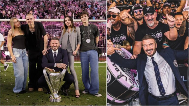 Right image: David Beckham celebrates with Inter Miami fans, smiling with his arms raised as supporters cheer around him. Left image: David Beckham kneels on the pitch with the MLS Cup trophy while posing with his family, who stand behind him in front of celebrating Inter Miami fans.