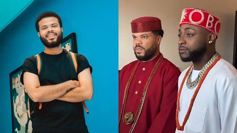 Split image showing a smiling bearded man in a black T-shirt posing with folded arms on the left, and the same man on the right standing beside another bearded man; both wear traditional outfits and beaded necklaces, looking ahead.