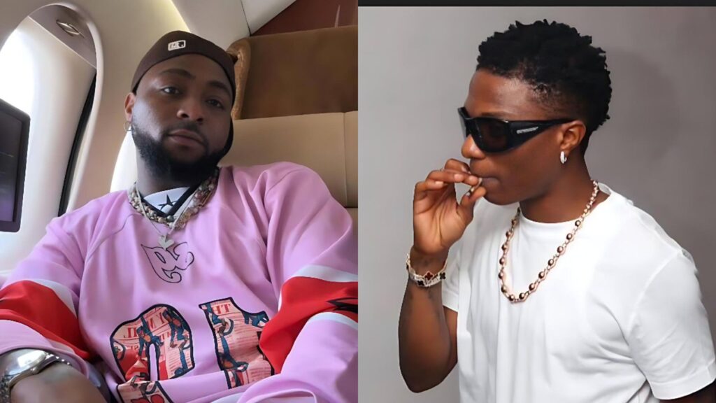 Side-by-side photo of Nigerian singers Davido and Wizkid; Davido sits inside a private jet wearing a pink jersey and cap, while Wizkid wears a white T-shirt and sunglasses, holding his hand near his mouth.