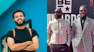 Side-by-side photos showing a smiling man with folded arms standing against a blue wall on the left, and on the right two men dressed in stylish outfits posing at an outdoor event backdrop.