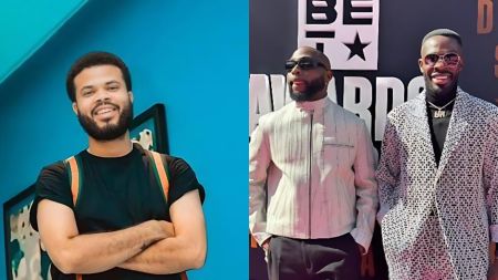 Side-by-side photos showing a smiling man with folded arms standing against a blue wall on the left, and on the right two men dressed in stylish outfits posing at an outdoor event backdrop.