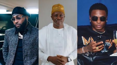 Davido standing beside a car in a patterned jacket, Jubril A. Gawat in traditional white attire and cap at the centre, and Wizkid seated on the right wearing sunglasses while looking at his phone.