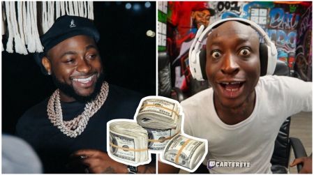 Meme-style split-image collage featuring Nigerian singer Davido (left: smiling in a black Kangol beret and multiple diamond chains) and comedian/content creator Carter Efe (right: wide-eyed shocked expression while streaming, wearing large white headphones and a white T-shirt with "CarterEfe" logo); superimposed in the center are graphic images of stacked rolls of U.S. dollar bills.