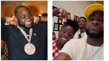 A split image featuring Nigerian music star Davido. On the left, Davido is smiling brightly, wearing a black shirt, and displaying a large, iced-out chain with a four-leaf clover pendant. On the right, he is taking a selfie with his daughter, Imade Adeleke, who is smiling beside him; they are both wearing white shirts.