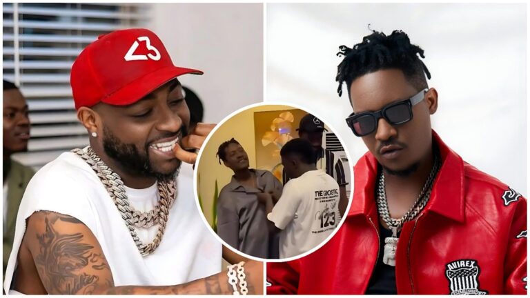 Composite collage featuring Nigerian singer Davido (left: smiling in a red cap with "23" logo, sleeveless white shirt, and heavy silver chains) and rapper Jessy Jagz (right: serious expression in dark sunglasses, red leather jacket with patches, and silver chains); circular inset shows the two artists laughing together indoors.