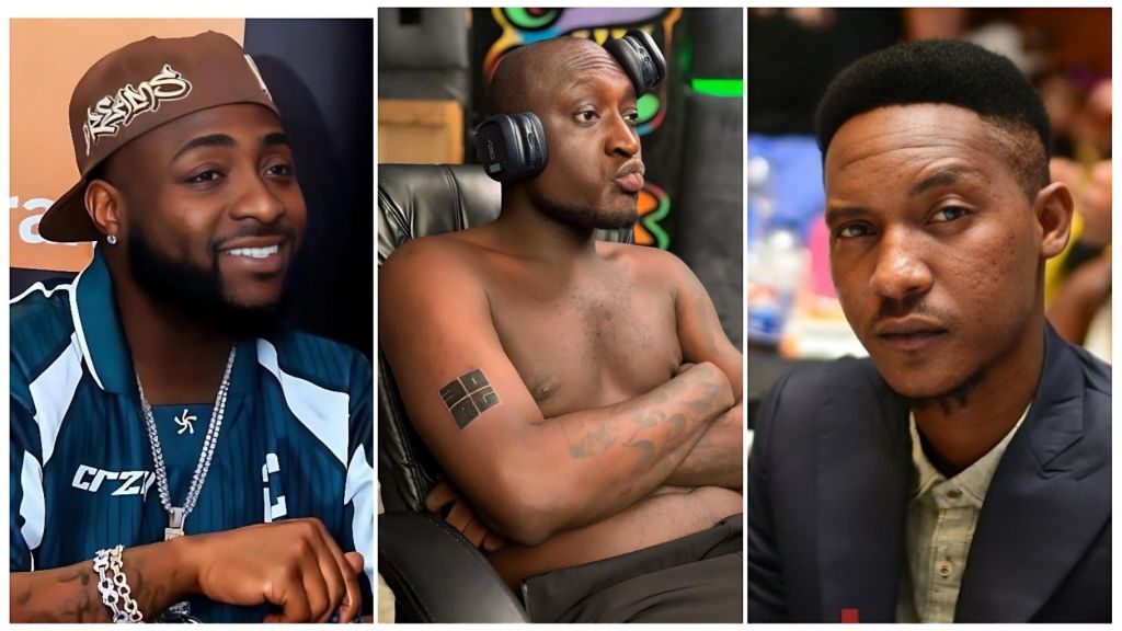 A three-panel composite image of Nigerian entertainers. On the left is Davido, smiling and wearing high-end diamond jewelry. In the center is Carter Efe, appearing animated behind a professional streaming microphone during his record-breaking Twitch session. On the right is rapper Jesse Jagz, looking reflective with his signature dreadlocks, wearing a casual dark jacket.