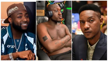 A three-panel composite image of Nigerian entertainers. On the left is Davido, smiling and wearing high-end diamond jewelry. In the center is Carter Efe, appearing animated behind a professional streaming microphone during his record-breaking Twitch session. On the right is rapper Jesse Jagz, looking reflective with his signature dreadlocks, wearing a casual dark jacket.