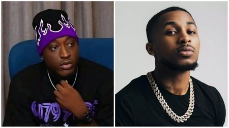 Split-image collage featuring (left) Nigerian comedian and content creator Carter Efe seated in a blue chair, wearing a purple beanie with flame design, black shirt with purple "1797" text, silver chain, and hand on chin with a thoughtful expression; (right) American rapper and YouTuber DDG in a black shirt with large diamond Cuban link chain and visible neck tattoo, against a plain light background.