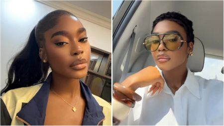 A side-by-side collage showing BBNaija’s Dede in two different portraits. In the left image, she wears a navy-and-cream jacket with her hair pulled back in a sleek ponytail, posing indoors with soft makeup and neutral lipstick. In the right image, she is seated in a car wearing a white shirt and large tinted sunglasses, with short hair and glossy makeup.