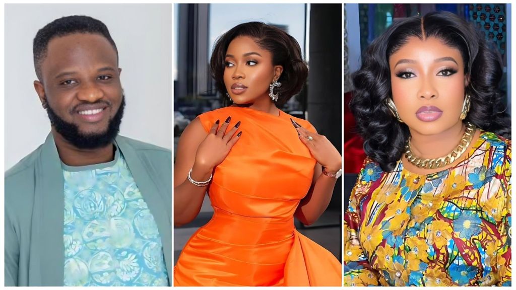 A three-panel composite image featuring Nigerian public figures. On the left is comedian Deeone, smiling in a light teal jacket over a patterned shirt. In the center, fashion designer Veekee James poses in a vibrant orange draped gown with elegant jewelry. On the right, actress Lizzy Anjorin is pictured wearing a colorful floral patterned dress and a gold chunky necklace.