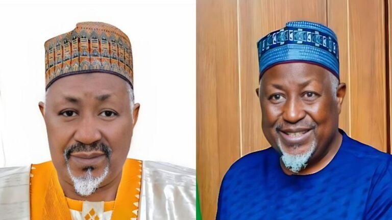 A side-by-side collage showing Nigeria’s former Defence Minister Mohammed Badaru Abubakar. The left image shows him wearing a patterned traditional cap and a yellow-and-white outfit, while the right image shows him smiling in a blue outfit and blue cap against a wooden background.