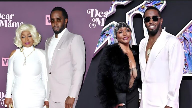 A side-by-side collage showing Sean “Diddy” Combs posing with his mother Janice Combs at two different red-carpet events. On the left, they wear light-coloured outfits at a “Dear Mama” backdrop; on the right, they appear in darker, more glamorous looks at a colourful event backdrop.