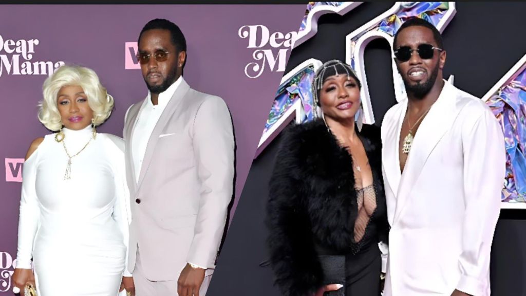 A side-by-side collage showing Sean “Diddy” Combs posing with his mother Janice Combs at two different red-carpet events. On the left, they wear light-coloured outfits at a “Dear Mama” backdrop; on the right, they appear in darker, more glamorous looks at a colourful event backdrop.