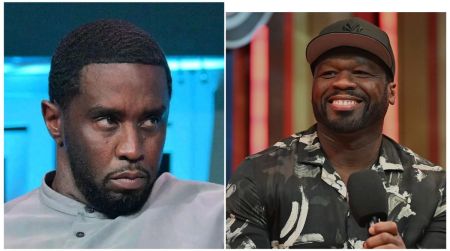 Side-by-side photo showing Diddy looking serious on the left and 50 Cent smiling while holding a microphone on the right.