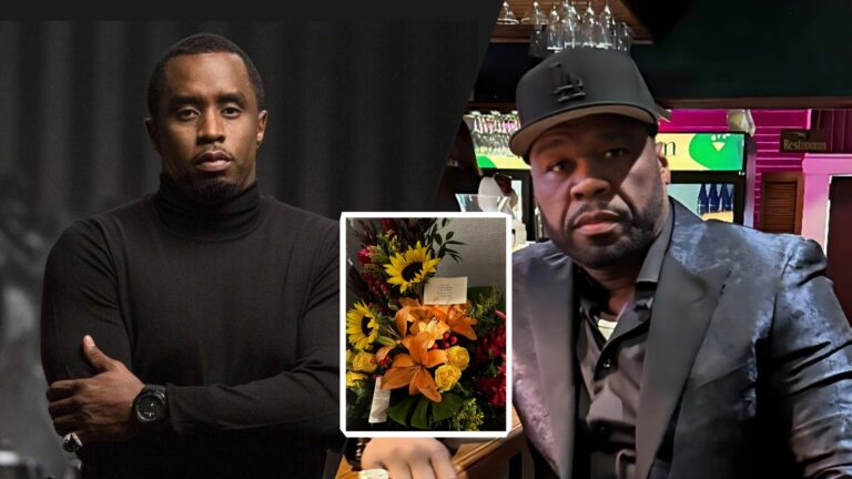 A split image showing Diddy standing with folded arms on the left, 50 Cent sitting at a bar on the right, and a bouquet of colorful flowers placed in the center as an inset between them.
