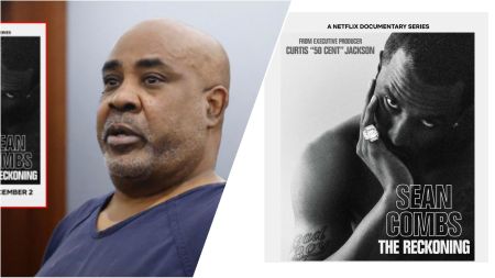 A close-up photo of Duane “Keffe D” Davis wearing a dark blue jail uniform in a courtroom, with a partial poster of the Netflix documentary “Sean Combs: The Reckoning” visible on the left side.