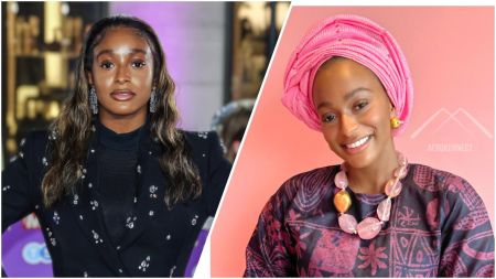 A split image of DJ Cuppy. On the left, she is wearing a black patterned suit with her hair down. On the right, she is wearing a pink turban and traditional Nigerian attire.