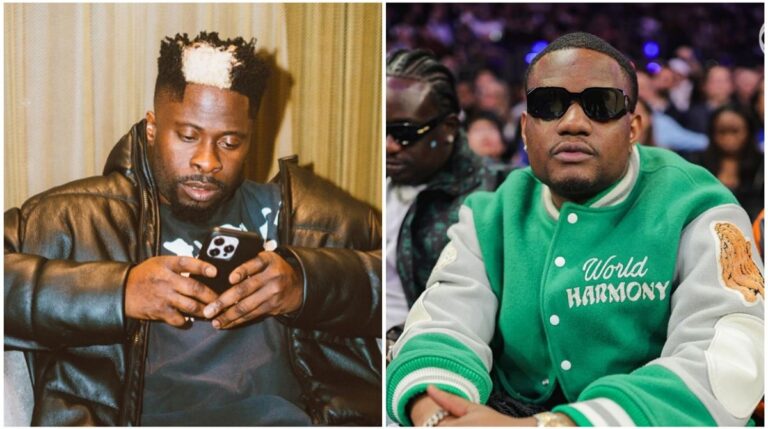 Side-by-side photo of DJ Ecool and DJ Tunez; DJ Ecool sits wearing a black leather jacket while using his phone, and DJ Tunez sits at an event wearing dark glasses and a green varsity jacket.