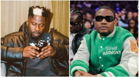 Side-by-side photo of DJ Ecool and DJ Tunez; DJ Ecool sits wearing a black leather jacket while using his phone, and DJ Tunez sits at an event wearing dark glasses and a green varsity jacket.