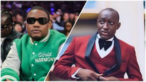 Split-image collage featuring (left) Nigerian DJ and Wizkid's official DJ, DJ Tunez, seated at an event wearing dark sunglasses and a green-and-gray varsity jacket with "World Harmony" text; (right) Nigerian comedian and content creator Carter Efe in a formal red suit with black lapels and bow tie, adjusting his cuff with a serious expression against a neutral background.