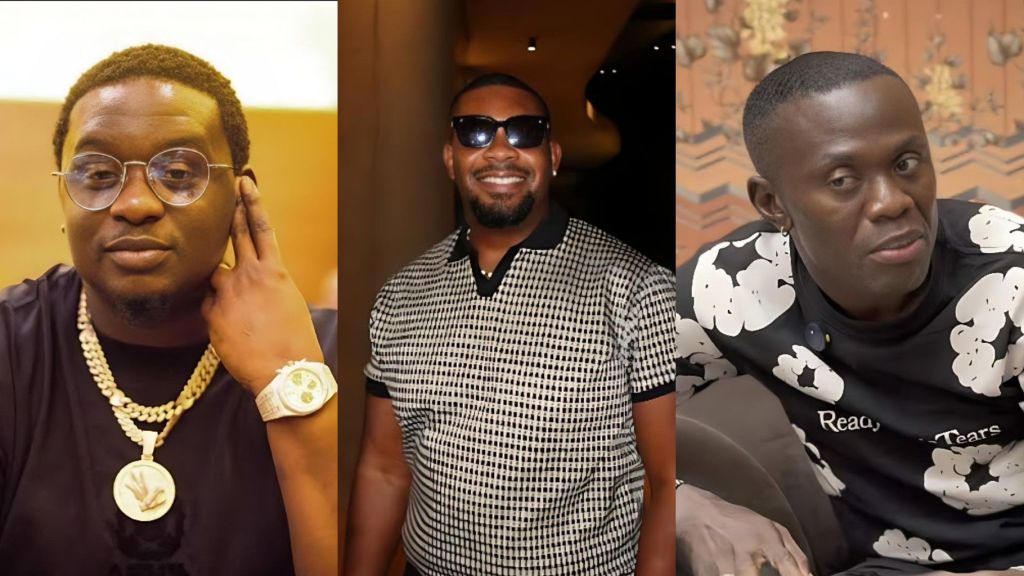 A side-by-side collage showing Wande Coal on the left wearing glasses and jewellery, Don Jazzy in the middle smiling in a patterned shirt and dark sunglasses, and Emeka The Star on the right in a black-and-white printed outfit.