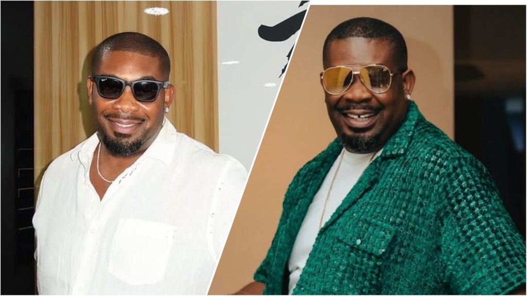 Two side-by-side photos of Nigerian music producer Don Jazzy wearing sunglasses; in the left image he smiles in a white shirt against a wooden background, and in the right image he wears a green textured jacket and gold-tinted glasses while smiling at the camera.