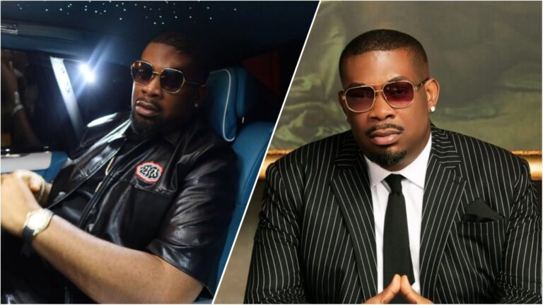 A split-image collage showing Nigerian music producer Don Jazzy. On the left, he sits inside a luxury car wearing dark sunglasses, a black leather shirt, and a wristwatch. On the right, he poses in a formal setting wearing a black pinstripe suit, white shirt, black tie, and sunglasses.