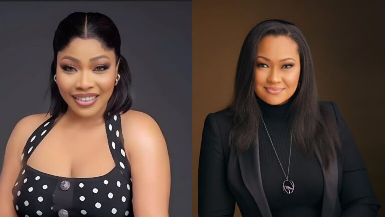 “Side-by-side portrait of actress Doris Ogala on the left wearing a black polka-dot outfit and smiling, and Senator Natasha Akpoti on the right dressed in a black blazer and turtleneck, also smiling against a warm brown background.”
