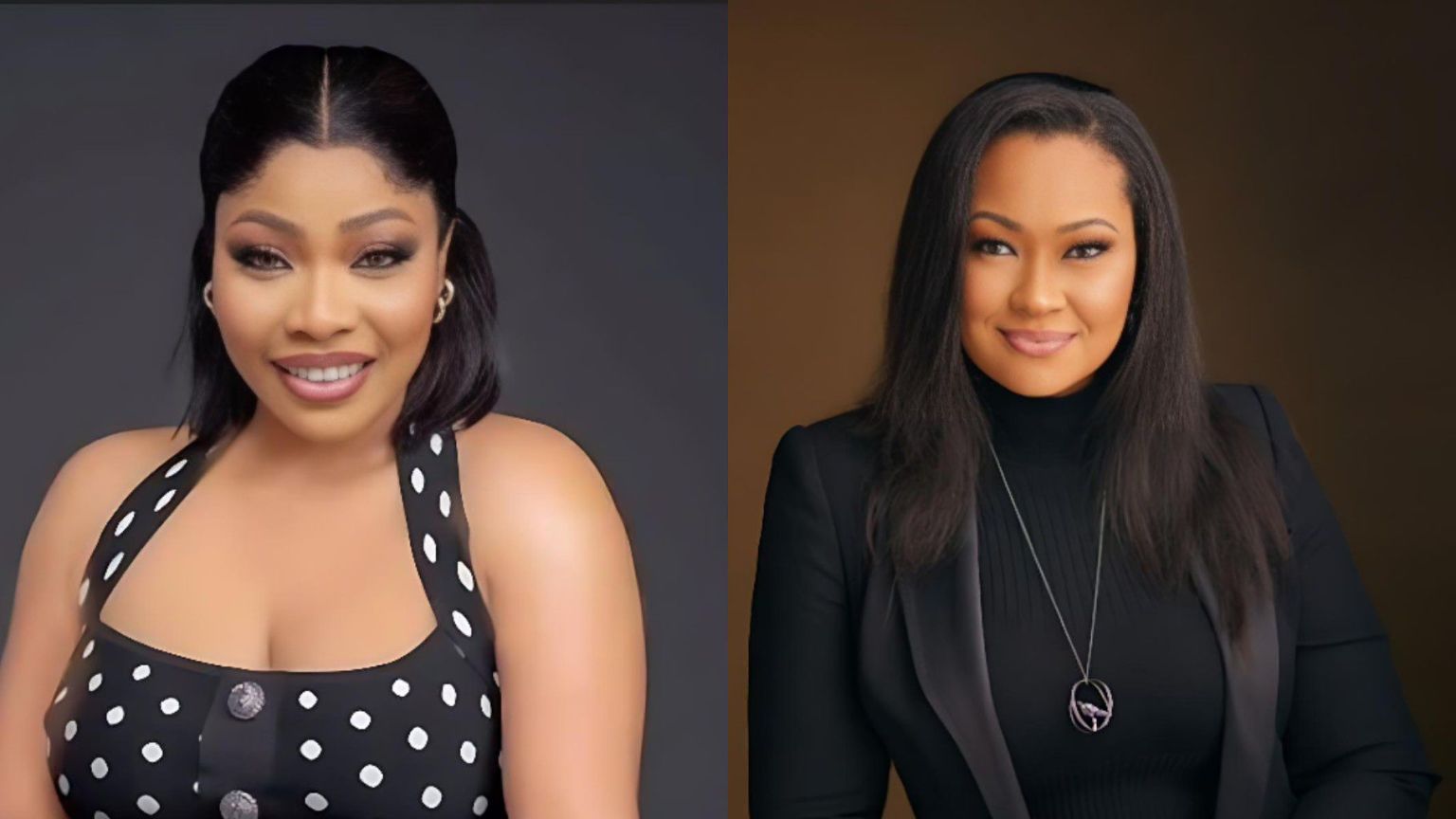 “Side-by-side portrait of actress Doris Ogala on the left wearing a black polka-dot outfit and smiling, and Senator Natasha Akpoti on the right dressed in a black blazer and turtleneck, also smiling against a warm brown background.”