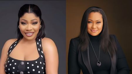 “Side-by-side portrait of actress Doris Ogala on the left wearing a black polka-dot outfit and smiling, and Senator Natasha Akpoti on the right dressed in a black blazer and turtleneck, also smiling against a warm brown background.”