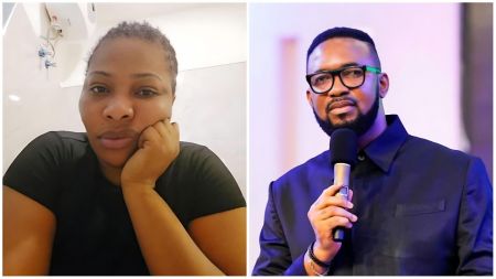Split-image collage featuring Nigerian actress Doris Ogala (left: short natural hair, wearing a black short-sleeve top, resting her chin on her hand with a neutral expression against a plain indoor background with visible wall fixtures) and Nigerian pastor Dr. Chris Okafor (right: wearing a dark shiny suit and large glasses, holding a microphone while speaking on a brightly lit stage with purple and white lighting).