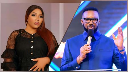 A split image featuring Nigerian actress Doris Ogala and Pastor Chris Okafor. On the left, Doris Ogala is posing with a serious expression, wearing a black top with sheer lace sleeves and long auburn hair. On the right, Pastor Chris Okafor is wearing a dark blue suit and glasses, holding a microphone while speaking on a brightly lit stage.
